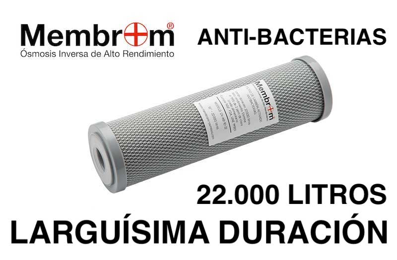 Filtro ANTI-BACTERIAS declorador de agua de carbón bloque activado tamaño  10” con DURACIÓN DE 22.000 litros - Membranas Osmosis Inversa